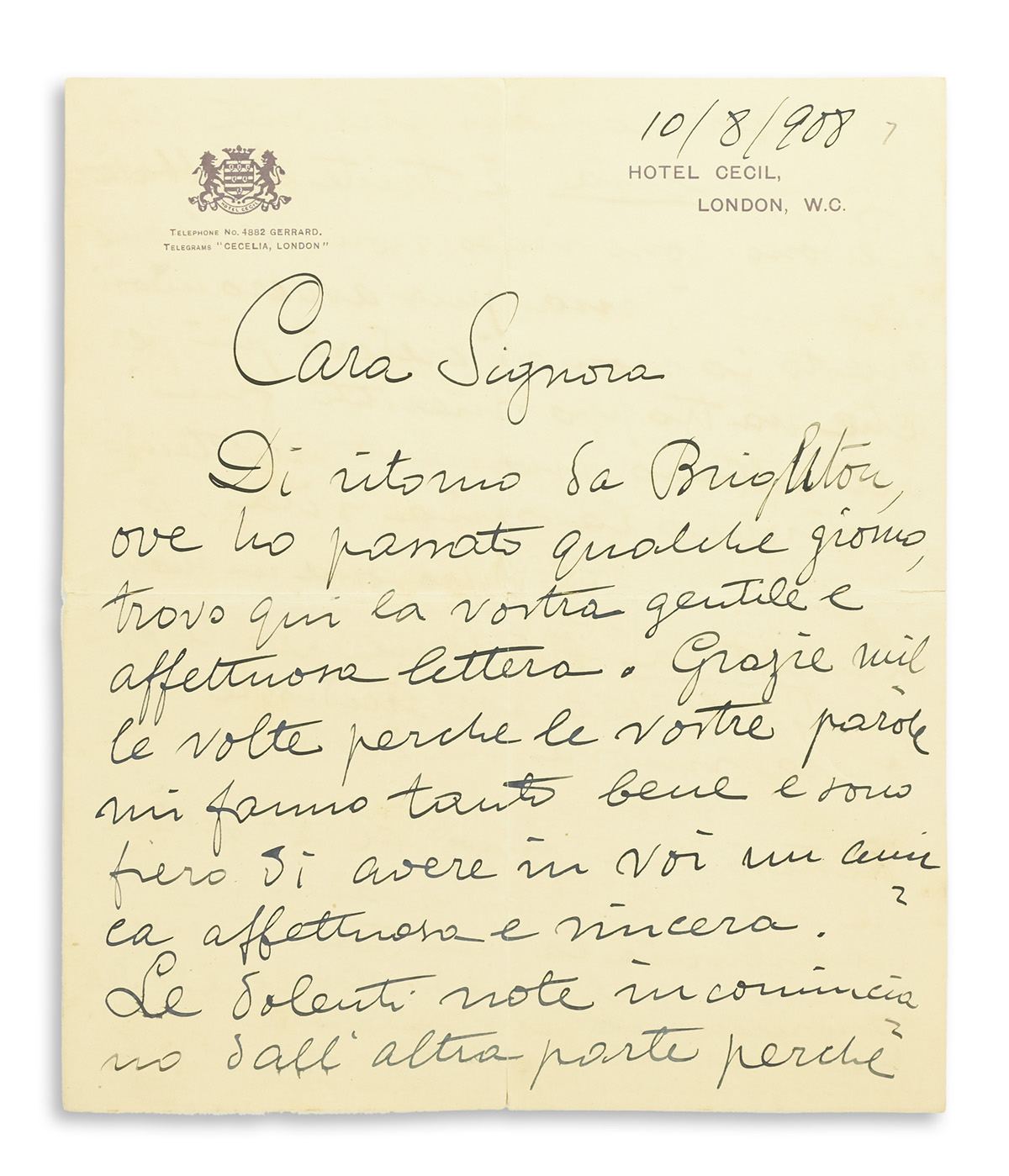 CARUSO, ENRICO. Autograph Letter Signed, Caruso, to Sybil Seligman (Cara Signora), in Italian,